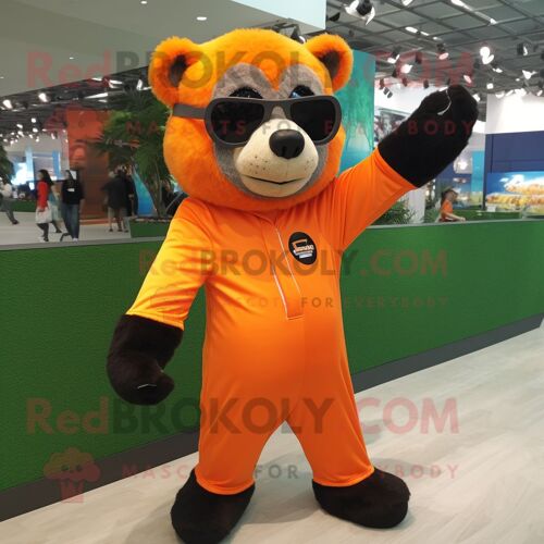 Personnage De Costume De Mascotte Redbrokoly D'ours À Lunettes Orange Habillé D'une Combinaison Et De Bandeaux