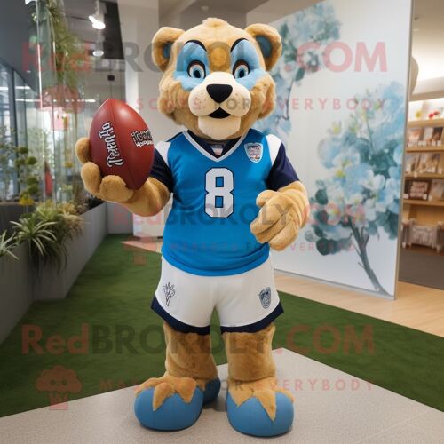 Personnage De Costume De Mascotte Redbrokoly Sky Blue Mountain Lion Habillé Avec Une Chemise De Rugby Et Des Pinces À Chaussures