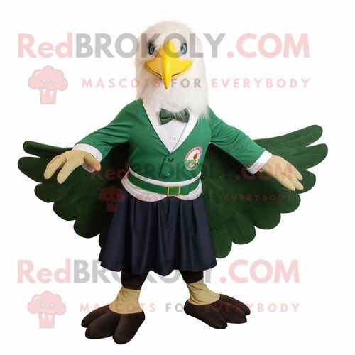 Personnage De Costume De Mascotte Redbrokoly D'aigle À Tête Blanche Vert Forêt Habillé D'une Jupe Circulaire Et De Noeuds Papillons