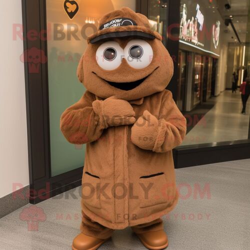 Personnage De Costume De Mascotte Redbrokoly De Montre-Bracelet Marron Habillé D'un Manteau Et De Casquettes