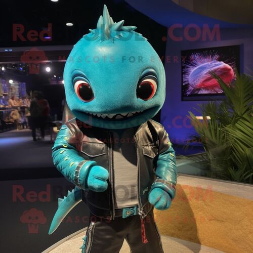 Personnage De Costume De Mascotte Redbrokoly De Thon Turquoise Habillé D'une Veste En Cuir Et De Bracelets