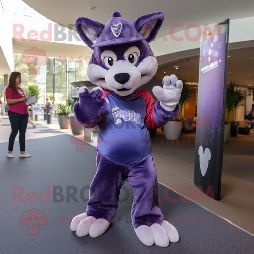 Personnage De Costume De Mascotte Redbrokoly Purple Dingo Habillé D'un Jean Évasé Et De Casquettes