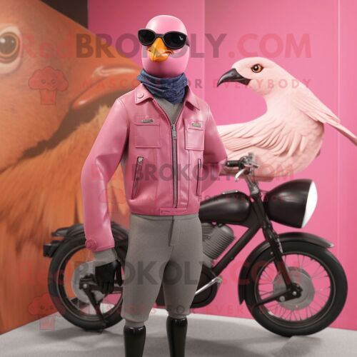 Personnage De Costume De Mascotte Redbrokoly Pigeon Passager Rose Habillé D'une Veste De Motard Et De Lunettes