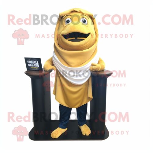 Personnage De Costume De Mascotte Redbrokoly D'avocat D'or Habillé D'un Débardeur Et D'épingles À Châle