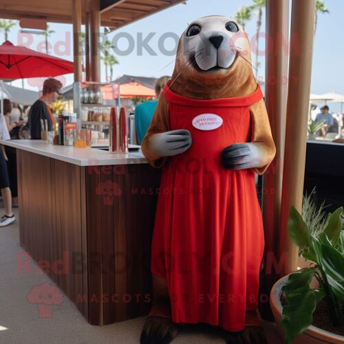 Personnage De Costume De Mascotte Redbrokoly D'otarie Rouge Habillé D'une Robe De Cocktail Et De Ceintures De Smoking