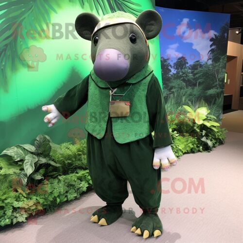Personnage De Costume De Mascotte Redbrokoly De Tapir Vert Forêt Habillé D'un Pantalon En Velours Côtelé Et De Bracelets De Cheville