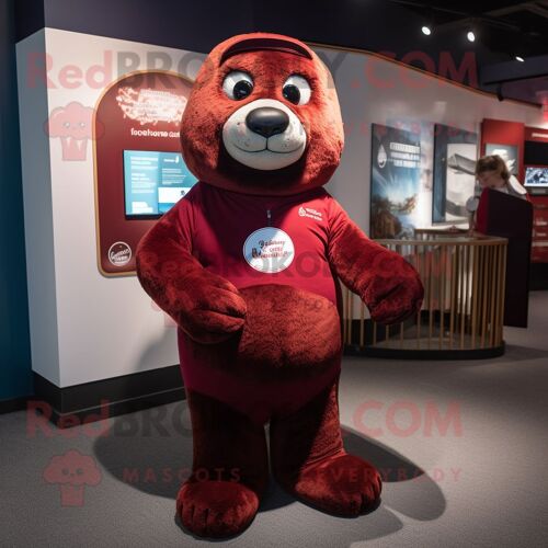 Personnage De Costume De Mascotte Redbrokoly Maroon Seal Habillé Avec Un T-Shirt Henley Et Des Bracelets De Cheville