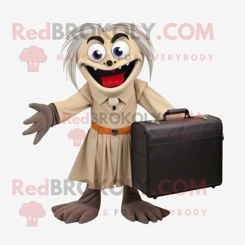 Personnage De Costume De Mascotte Redbrokoly De Vampire Beige Vêtu D'une Jupe Plissée Et De Porte-Documents