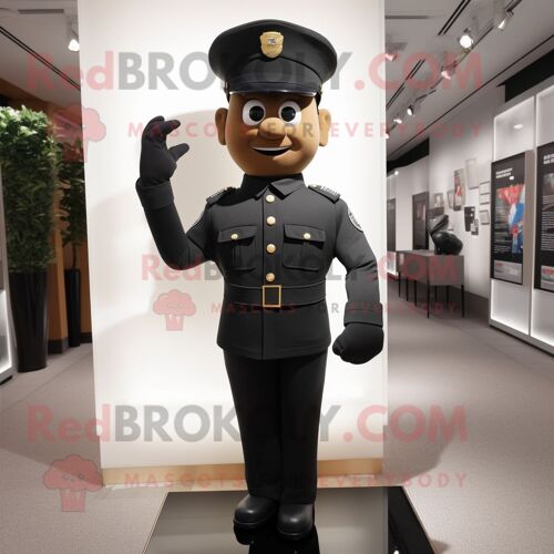 Mascotte Redbrokoly De Personnage Soldat Noir Habillé D'une Robe Fourreau Et De Boutons De Manchette