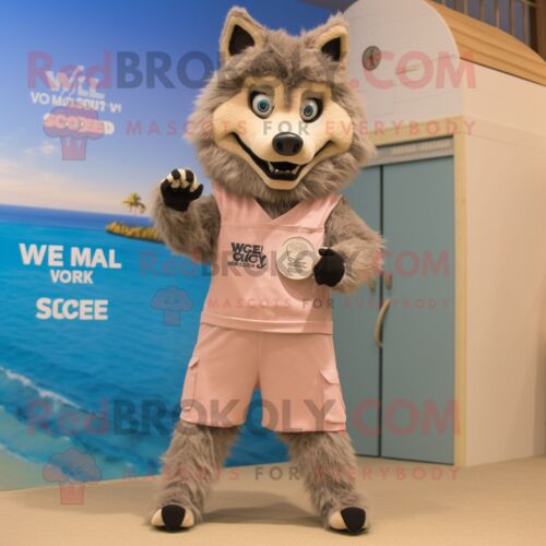 Mascotte Redbrokoly De Personnage Beige Say Wolf Habillé Avec Un Maillot De Bain Et Des Montres Bracelet