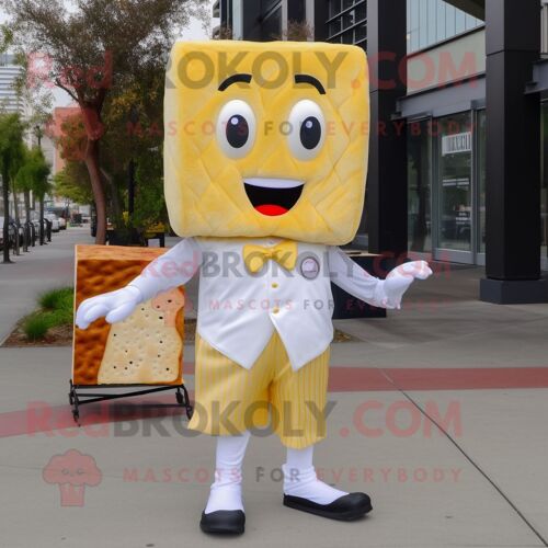 Personnage De Costume De Mascotte Redbrokoly De Sandwich Au Fromage Grillé Blanc Habillé D'un Pantalon De Costume Et De Pochettes