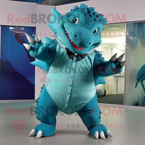 Personnage De Costume De Mascotte Redbrokoly Teal Ankylosaurus Habillé D'un Pantacourt Et De Boutons De Manchette