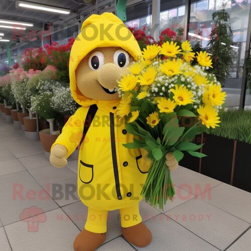 Personnage De Costume De Mascotte Redbrokoly De Bouquet De Fleurs Jaune Habillé D'une Parka Et De Bretelles