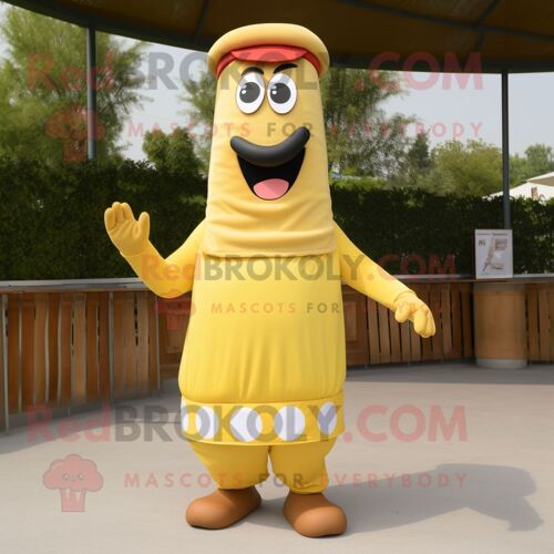 Personnage De Costume De Mascotte Redbrokoly Hot Dogs Doré Habillé D'une Jupe Et De Boutons De Manchette