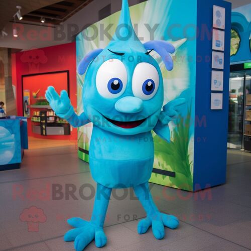 Personnage De Costume De Mascotte Redbrokoly Cyan Aglet Habillé D'un T-Shirt Graphique Et De Boucles D'oreilles