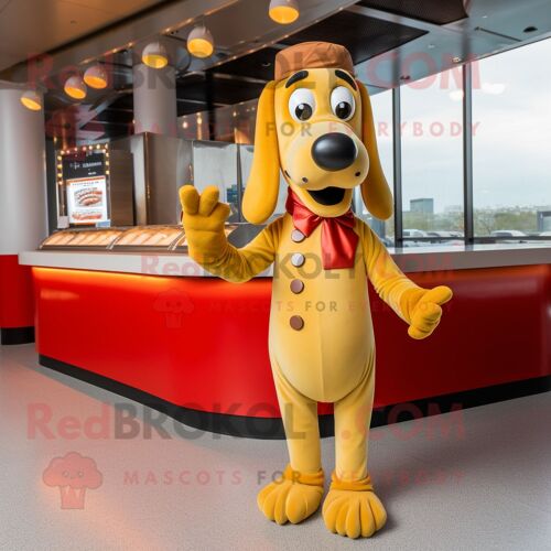 Personnage De Costume De Mascotte Redbrokoly Hot Dogs Doré Habillé D'une Jupe Et De Boutons De Manchette