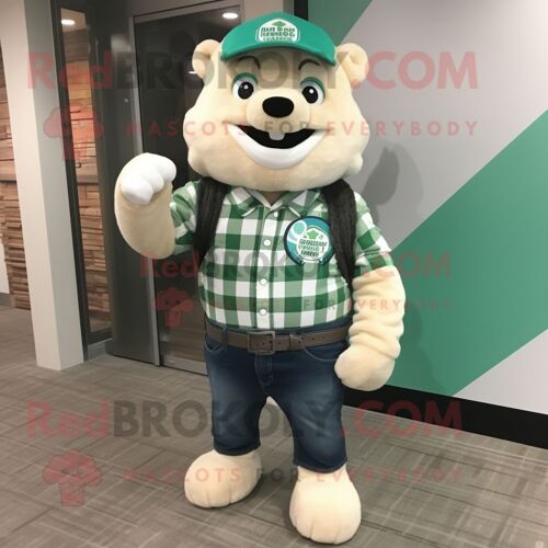 Personnage De Costume De Mascotte Redbrokoly De Bière Verte Crème Habillé D'une Chemise En Flanelle Et De Bracelets De Montres