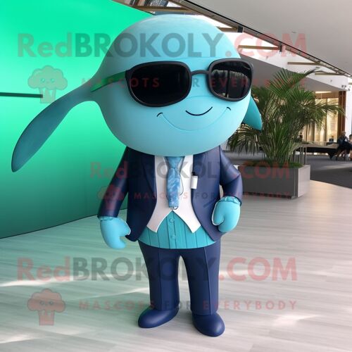 Personnage De Costume De Mascotte Redbrokoly De Baleine Turquoise Habillé D'un Pantalon De Costume Et De Lunettes De Soleil