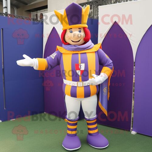 Personnage De Costume De Mascotte Redbrokoly De Garde Suisse Lavande Habillé D'un Maillot De Rugby Et De Clips D'écharpe