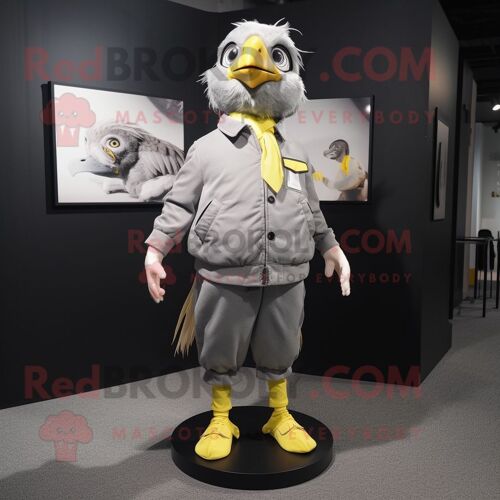 Personnage De Costume De Mascotte Redbrokoly De Canari Gris Habillé D'un Coupe-Vent Et D'épingles À Cravate