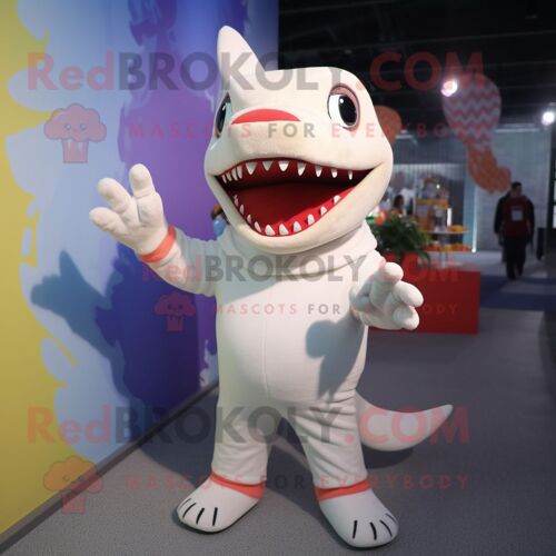 Personnage De Costume De Mascotte Redbrokoly De Requin Crème Habillé D'un Pull Et De Bracelets De Cheville