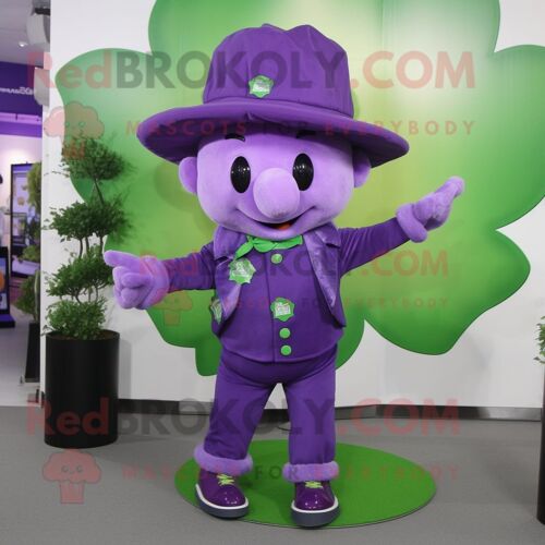 Personnage De Costume De Mascotte Redbrokoly De Trèfle À Quatre Feuilles Violet Habillé D'un Jegging Et D'un Chapeau