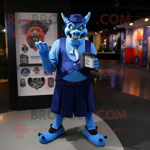 Personnage De Costume De Mascotte Redbrokoly De Démon Bleu Habillé D'un Pantalon De Costume Et De Portefeuilles