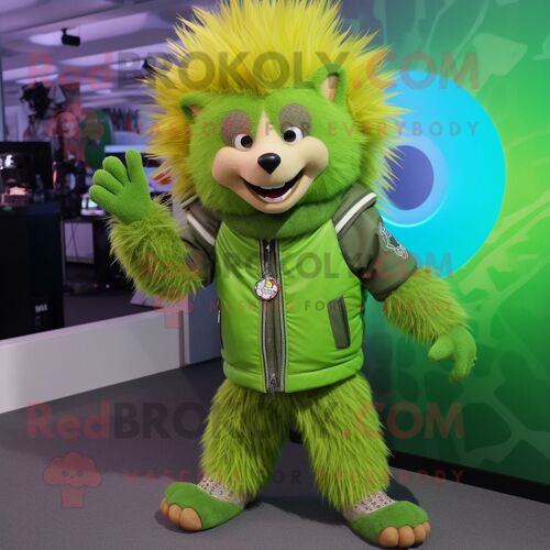 Personnage De Costume De Mascotte Redbrokoly De Porc-Épic Vert Lime Habillé D'une Veste De Moto Et De Bracelets