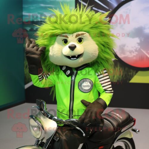 Personnage De Costume De Mascotte Redbrokoly De Porc-Épic Vert Lime Habillé D'une Veste De Moto Et De Bracelets