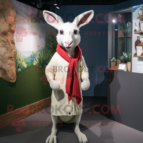 Personnage De Costume De Mascotte Redbrokoly De Kangourou Blanc Habillé D'un Cardigan Et De Cummerbunds