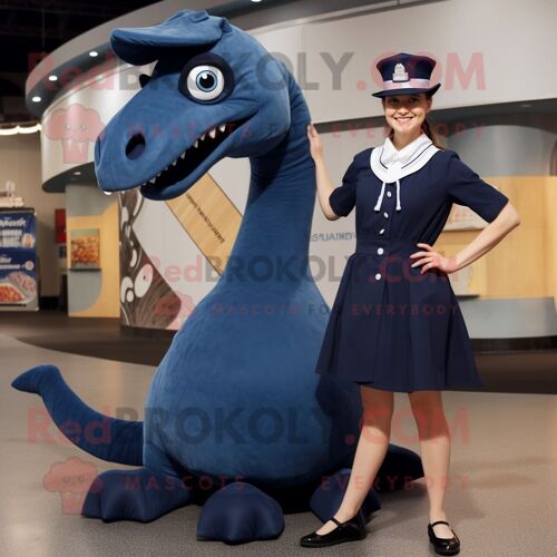 Personnage De Costume De Mascotte Redbrokoly Diplodocus Bleu Marine Habillé D'une Mini Jupe Et De Chapeaux