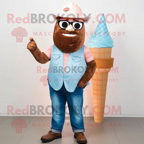 Personnage De Costume De Mascotte Redbrokoly De Cornet De Crème Glacée Rouille Habillé D'un Jean Bootcut Et De Broches