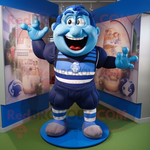 Personnage De Costume De Mascotte Redbrokoly Blue Plate Spinner Habillé D'un Maillot De Rugby Et De Coussinets De Pied