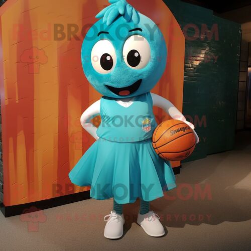 Personnage De Costume De Mascotte Redbrokoly De Ballon De Basket Bleu Sarcelle Habillé D'une Jupe Et De Lacets De Chaussures