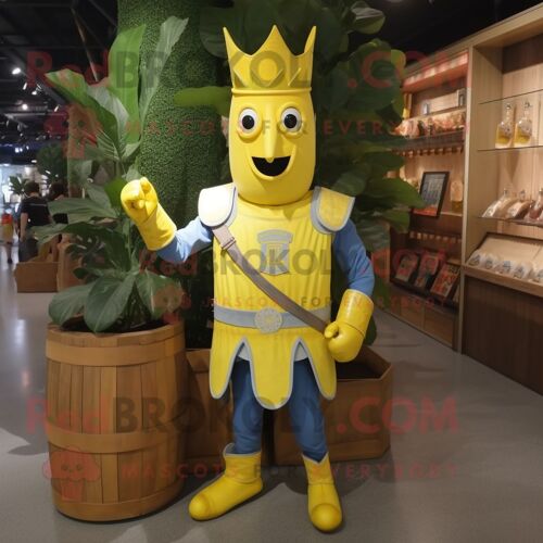Personnage De Costume De Mascotte Redbrokoly De Chevalier Médiéval Jaune Citron Habillé D'un Short En Jean Et De Bandeaux