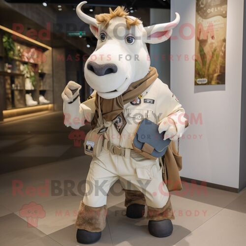 Mascotte Redbrokoly De Personnage De Zébu Beige Habillé D'un Pantalon Cargo Et De Broches