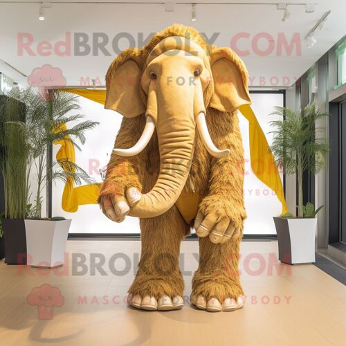 Mascotte Redbrokoly De Personnage De Mammouth Doré Habillé D'une Combinaison Et De Noeuds Papillons
