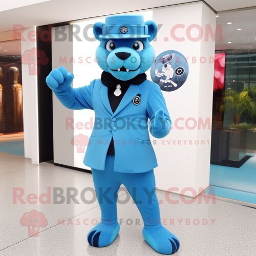 Personnage De Costume De Mascotte Redbrokoly Panthère Bleu Ciel Habillé D'un Costume Et De Bérets