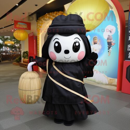 Personnage De Costume De Mascotte Redbrokoly Dim Sum Noir Habillé D'une Jupe Longue Et De Sacs À Dos