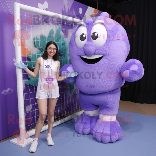 Personnage De Costume De Mascotte Redbrokoly De Filet De Volley-Ball De Lavande Habillé D'un Chemisier Et De Coussinets De Pied