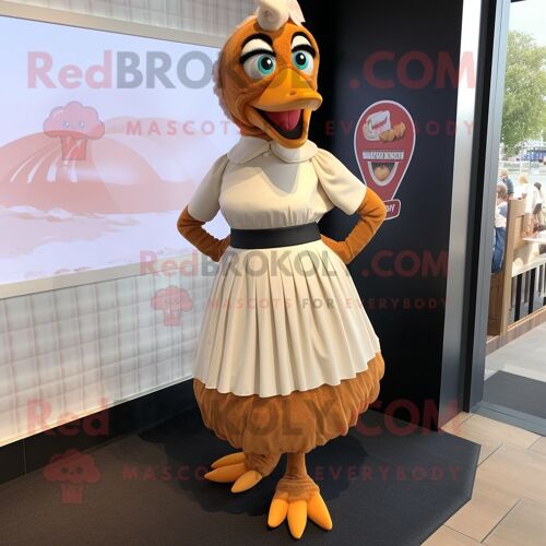 Personnage De Costume De Mascotte Redbrokoly De Poulet Au Beurre Brun Vêtu D'une Jupe Plissée Et De Ceintures