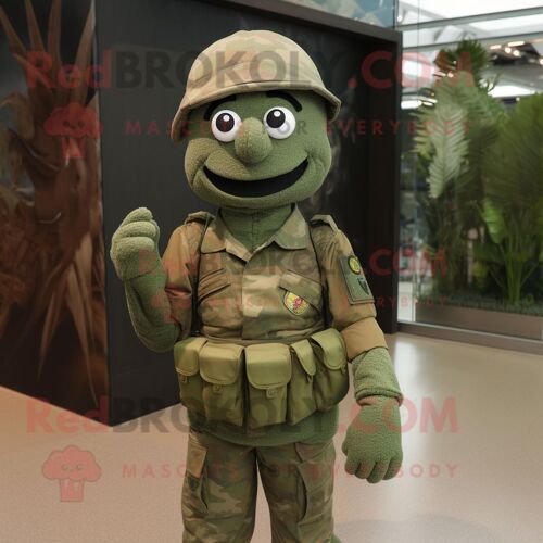 Personnage De Costume De Mascotte Redbrokoly De Soldat De L'armée D'olive Habillé D'un T-Shirt Polo Et De Casquettes