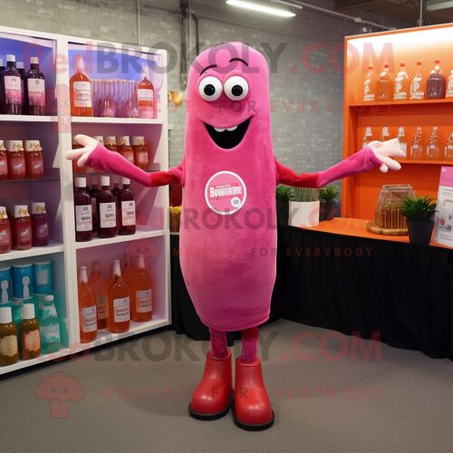 Personnage De Costume De Mascotte Redbrokoly De Bouteille Rose De Ketchup Habillé D'une Chemise Henley Et De Porte-Clés