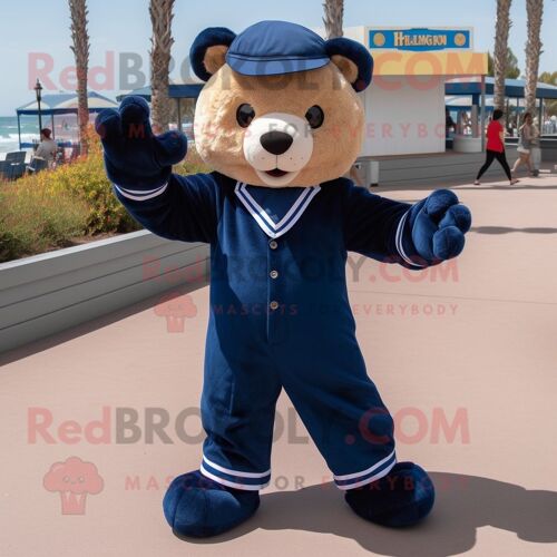 Personnage De Costume De Mascotte Redbrokoly D'ours En Peluche Bleu Marine Habillé D'un Pantacourt Et De Gants
