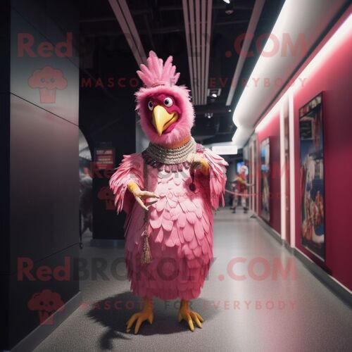 Mascotte Redbrokoly De Personnage De Coqs Roses Habillé D'une Robe Taille Empire Et De Ceintures