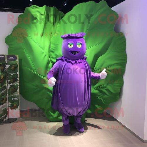 Personnage De Costume De Mascotte Redbrokoly De Feuille De Chou Violet Habillé D'un T-Shirt À Manches Longues Et De Boutons De Manchette