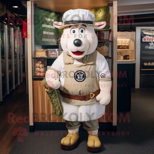 Personnage De Costume De Mascotte Redbrokoly De Boeuf Blanc Wellington Vêtu D'un Short Cargo Et De Bérets