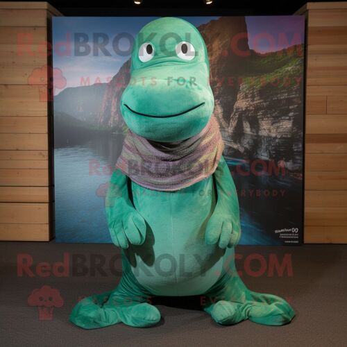 Personnage De Costume De Mascotte Redbrokoly De Monstre Du Loch Ness Vert Habillé D'un Jean Bootcut Et De Châles