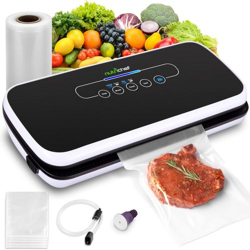 SUBZONAL-NutriChef Machine Sous Vide Automatique ¿ Scelleuse Alimentaire pour Aliments Secs et Humides, Écran Tactile LED, Sacs Inclus, Tuyau Aspiration et Bouchon Vin, Compacte, Noire