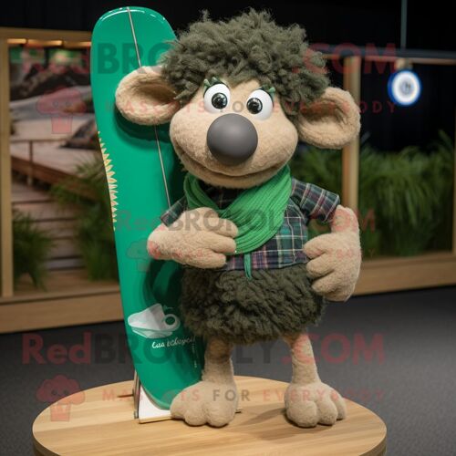 Personnage De Costume De Mascotte Redbrokoly De Mouton Mérinos Vert Forêt Habillé D'un Short De Bain Et De Boucles D'oreilles